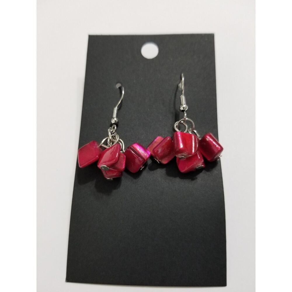 handmade silvertone red bead drop earrings combine shipping e21